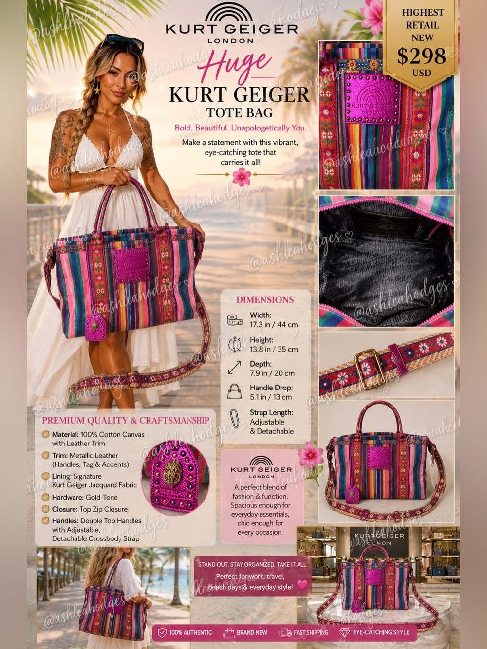 Kurt Geiger Multicolor Striped Tote with Pink Leather Accents